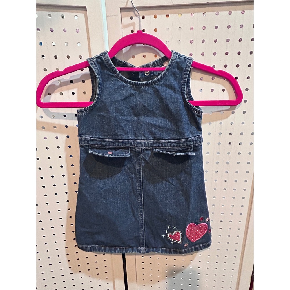 Old Navy Toddler Girls Denim Jumper Dress‎ Hearts Embroidered Sleeveless 2T